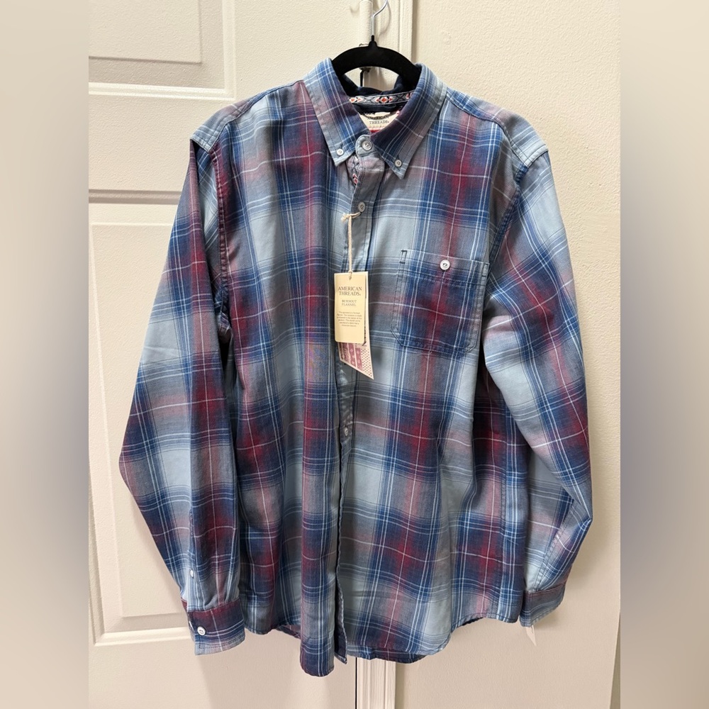 American Threads Plaid Button-Down Shirt - Blue and Red